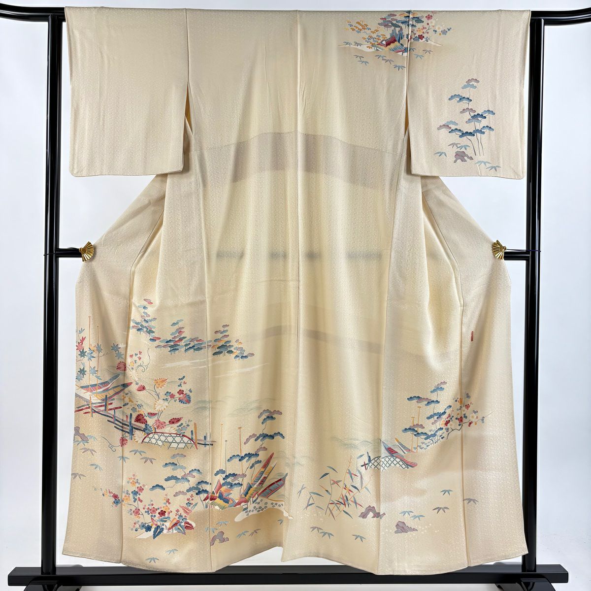 【庫存清倉】訪問服 身長156cm 袖長63cm S 雙層 押田正義 落款あり 舟 草花紋紋 漸層 米色 純蠶絲 名品級 一個紋