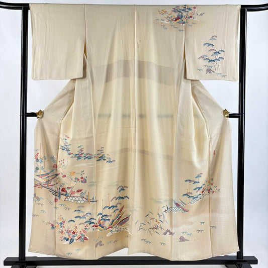 【庫存清倉】訪問服 身長156cm 袖長63cm S 雙層 押田正義 落款あり 舟 草花紋紋 漸層 米色 純蠶絲 名品級 一個紋