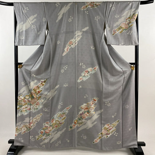 【庫存清倉】訪問服 身長165.5cm 袖長68.5cm L 雙層 草花紋紋 霞 金銀彩 絞染 灰紫 純蠶絲 名品級 一つ紋