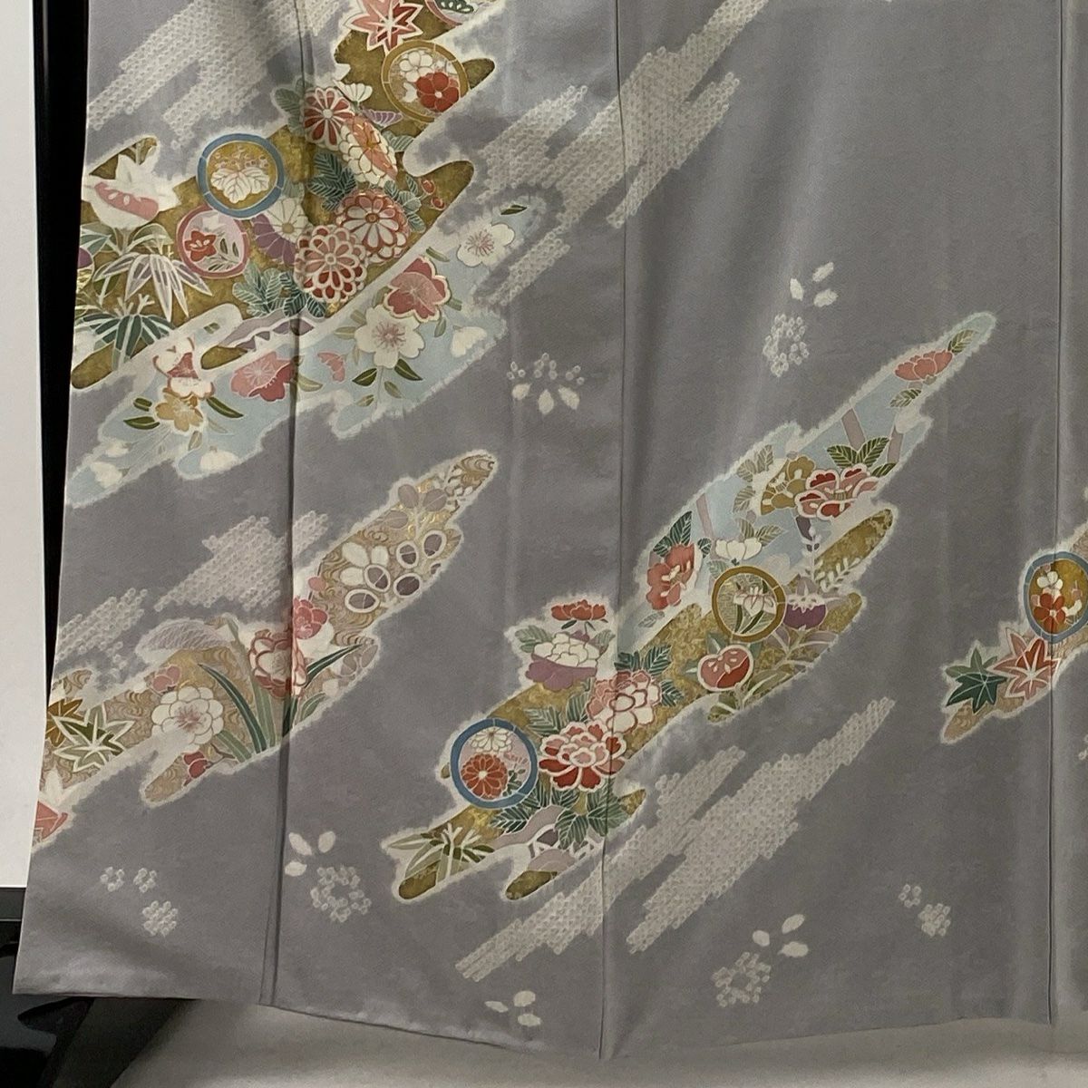 【庫存清倉】訪問服 身長165.5cm 袖長68.5cm L 雙層 草花紋紋 霞 金銀彩 絞染 灰紫 純蠶絲 名品級 一つ紋