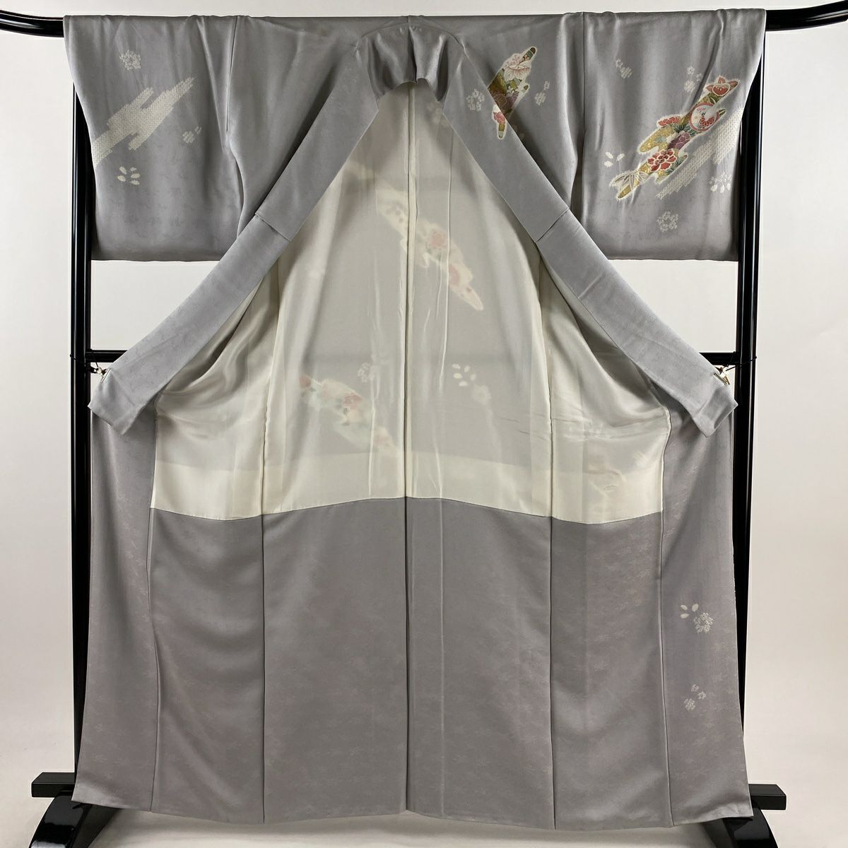 【庫存清倉】訪問服 身長165.5cm 袖長68.5cm L 雙層 草花紋紋 霞 金銀彩 絞染 灰紫 純蠶絲 名品級 一つ紋