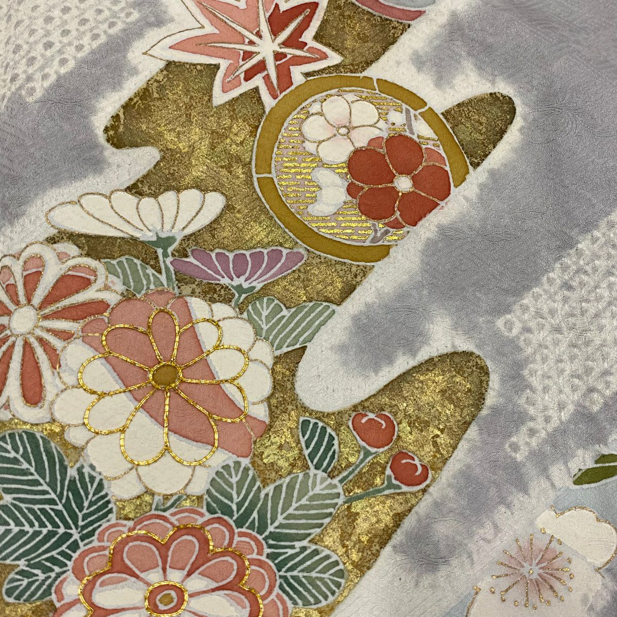 【庫存清倉】訪問服 身長165.5cm 袖長68.5cm L 雙層 草花紋紋 霞 金銀彩 絞染 灰紫 純蠶絲 名品級 一つ紋