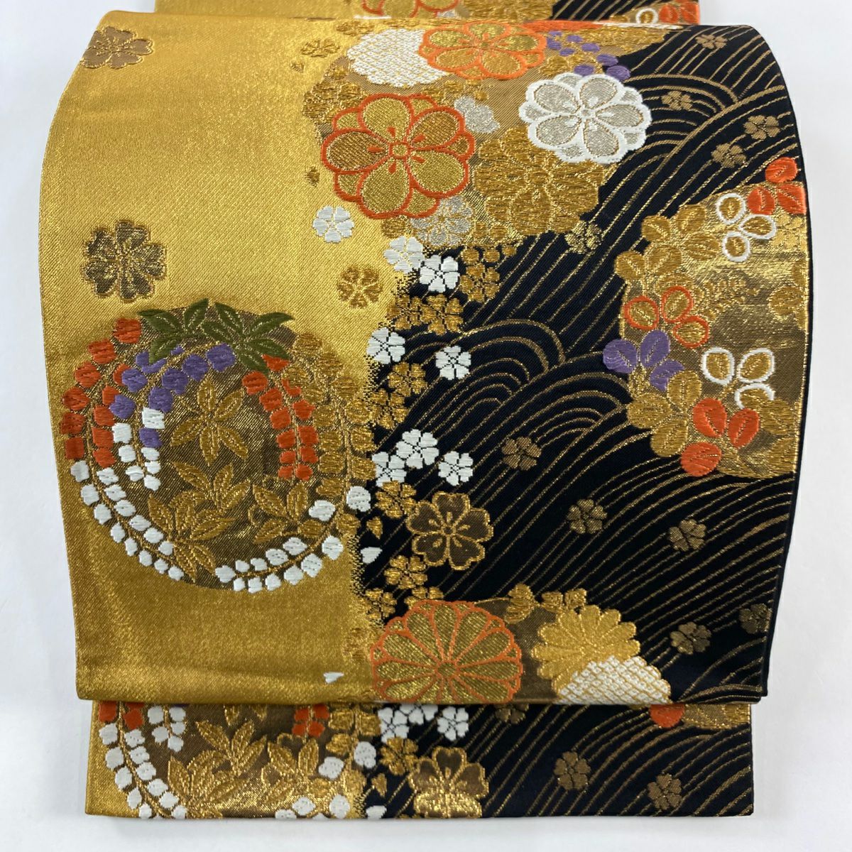 袋帶 秀品級 花丸紋 波 金銀絲 金金箔 金色 六通 純蠶絲