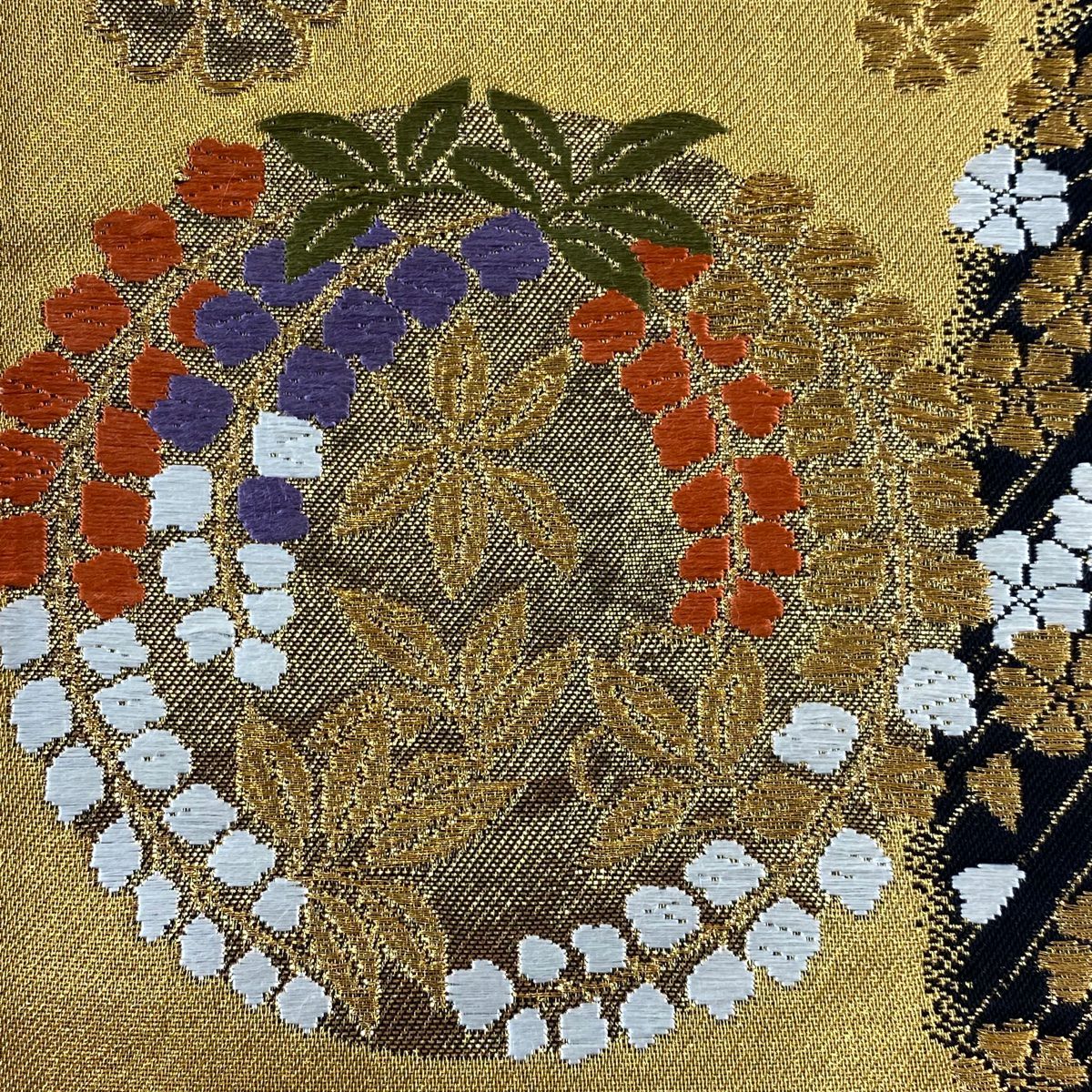 袋帶 秀品級 花丸紋 波 金銀絲 金金箔 金色 六通 純蠶絲
