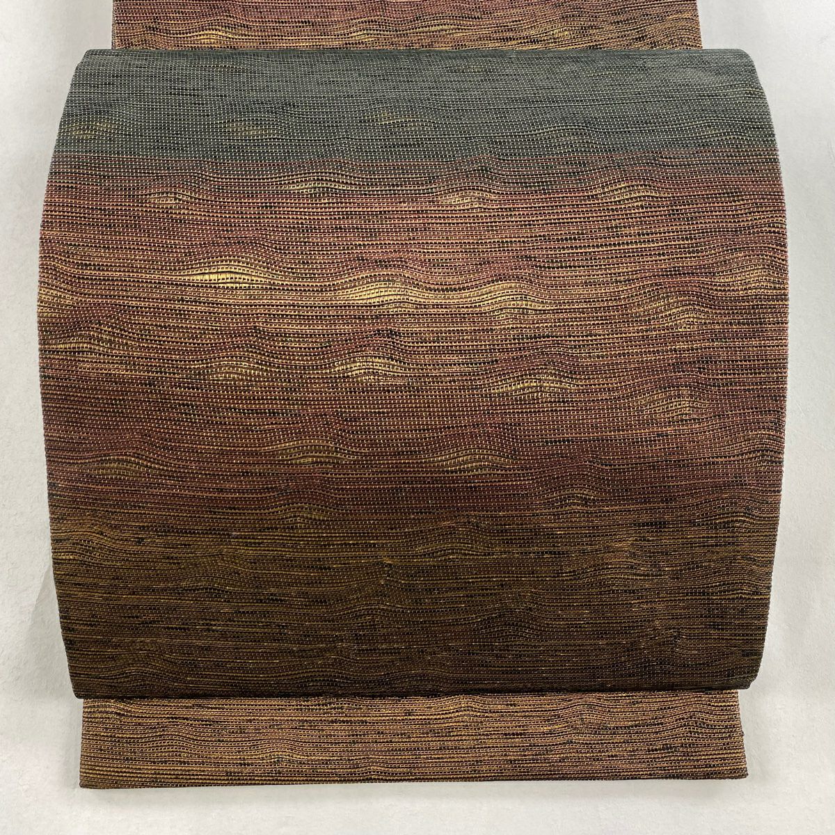 【美品】 袋帶 秀品級 よろけ縞 金糸 金金箔 小豆 深藍 全通 純蠶絲