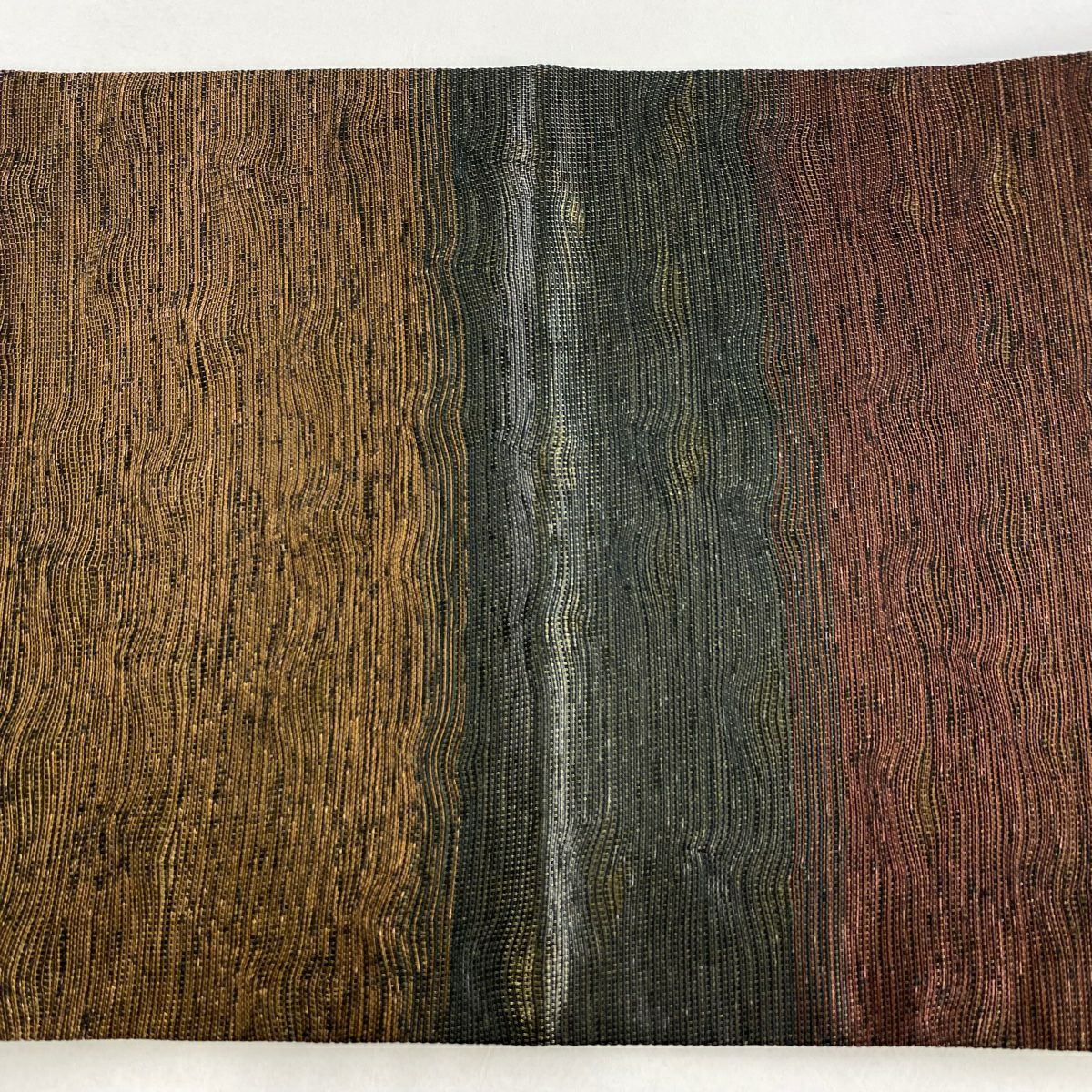 【美品】 袋帶 秀品級 よろけ縞 金糸 金金箔 小豆 深藍 全通 純蠶絲