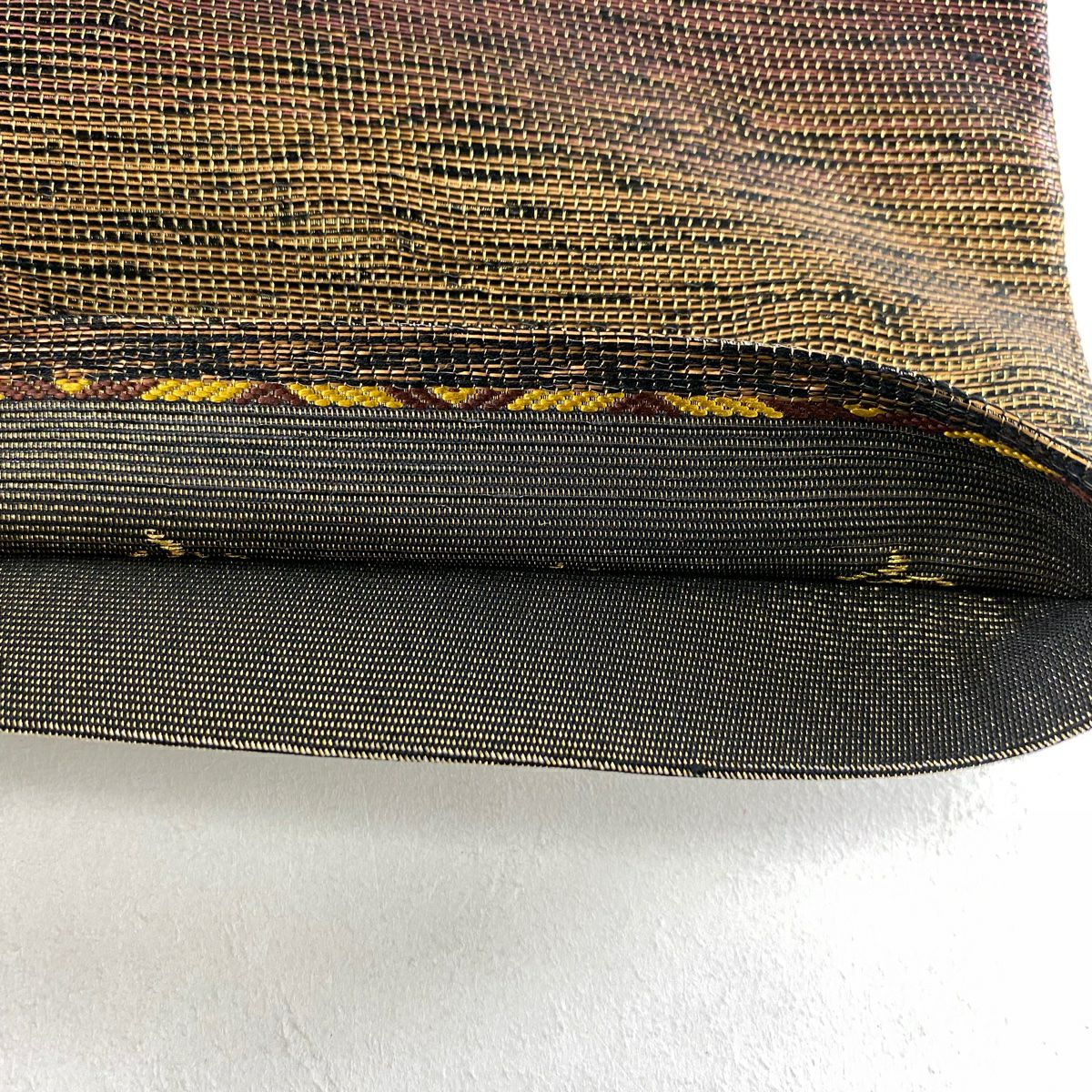 【美品】 袋帶 秀品級 よろけ縞 金糸 金金箔 小豆 深藍 全通 純蠶絲