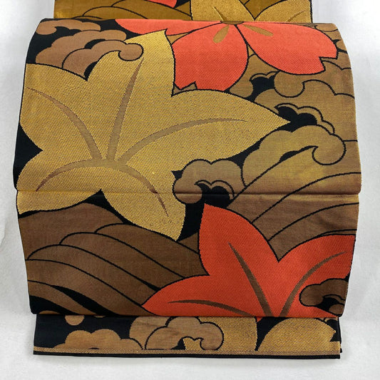 袋帶 秀品級 關西仕立 紅楓 櫻花 金金箔 金絲 黑色 全通 純蠶絲