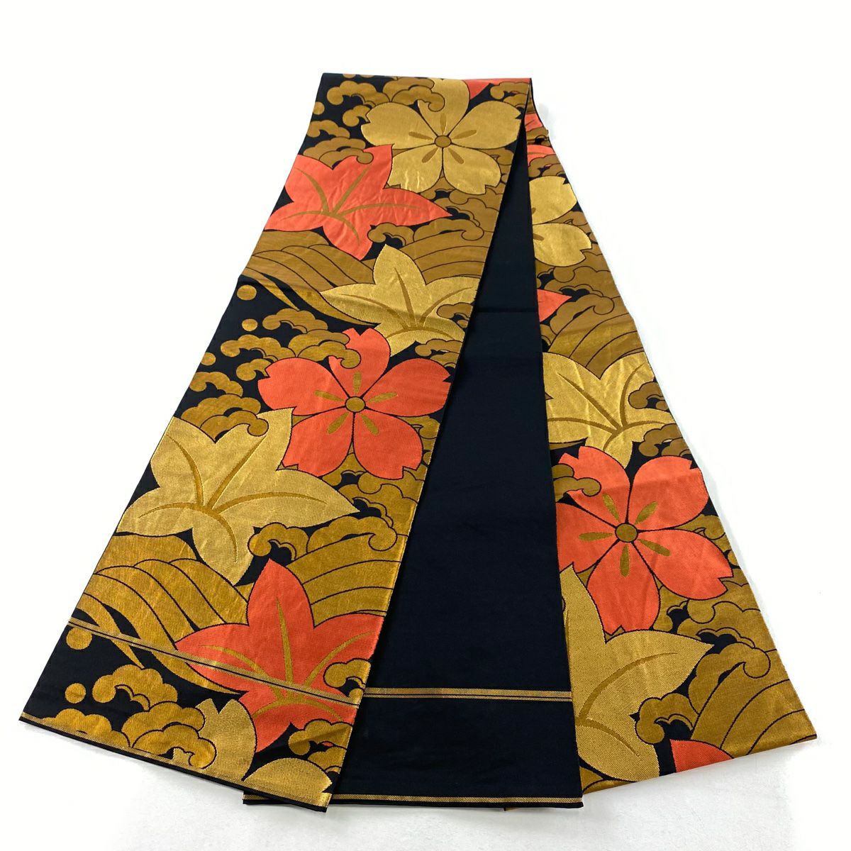 袋帶 秀品級 關西仕立 紅楓 櫻花 金金箔 金絲 黑色 全通 純蠶絲