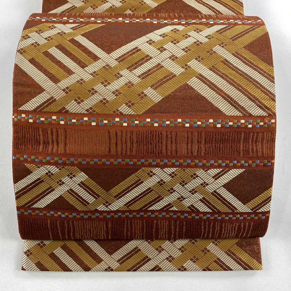 【美品】 袋帶 秀品級 幾何圖案 刺繡 金線 紅茶 六通 純蠶絲