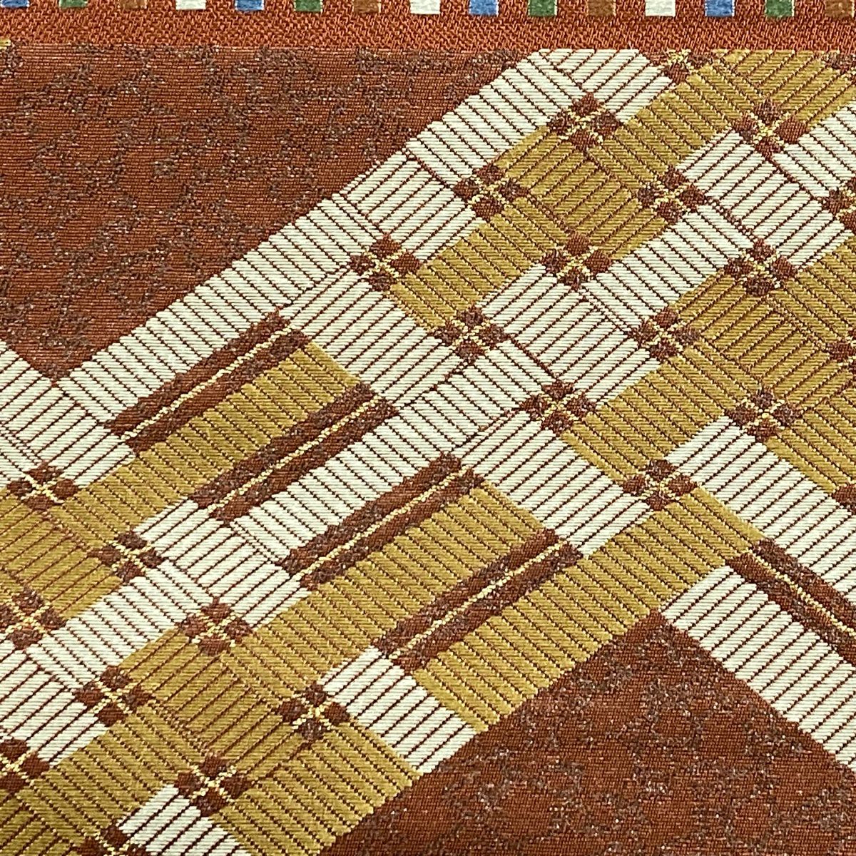 【美品】 袋帶 秀品級 幾何圖案 刺繡 金線 紅茶 六通 純蠶絲