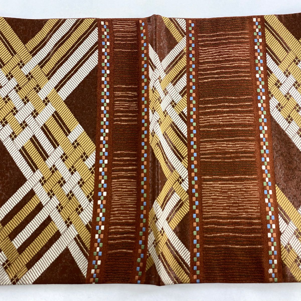 【美品】 袋帶 秀品級 幾何圖案 刺繡 金線 紅茶 六通 純蠶絲