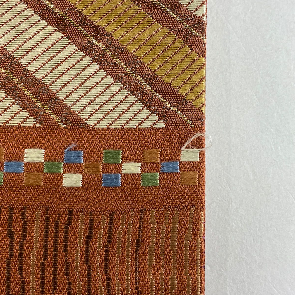 【美品】 袋帶 秀品級 幾何圖案 刺繡 金線 紅茶 六通 純蠶絲