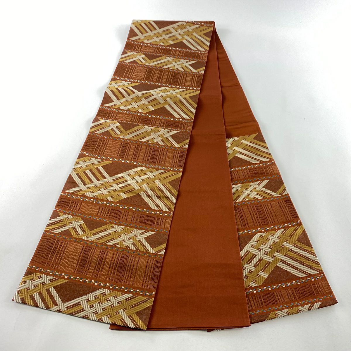 【美品】 袋帶 秀品級 幾何圖案 刺繡 金線 紅茶 六通 純蠶絲
