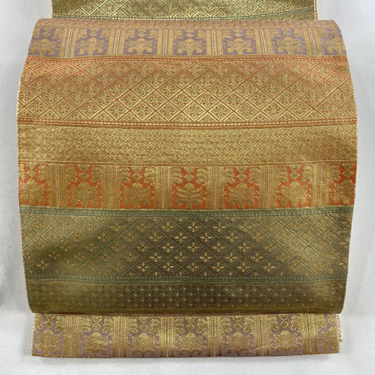 【美品】 袋帶 秀品級 關西仕立 雙層條紋圖案 草花紋紋 金金箔 金色 六通 純蠶絲
