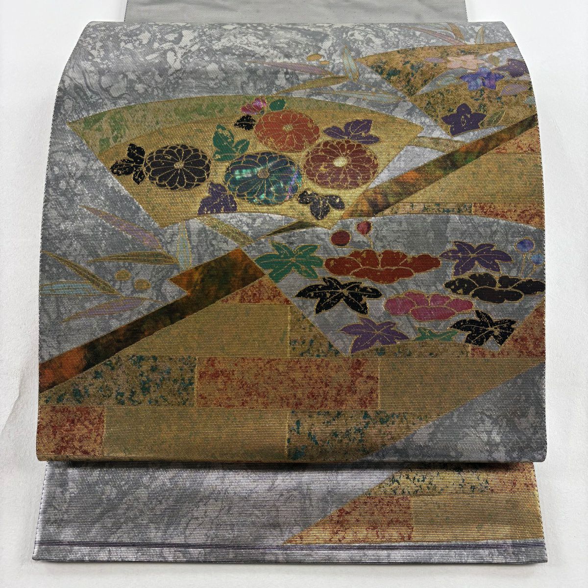 袋帶 秀品級 關西仕立 扇子面 菊花 螺鈿金金箔 銀 純蠶絲