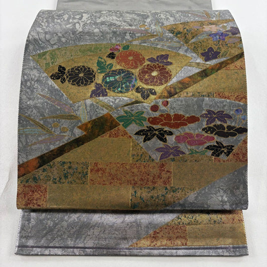 袋帶 秀品級 關西仕立 扇子面 菊花 螺鈿金金箔 銀 純蠶絲