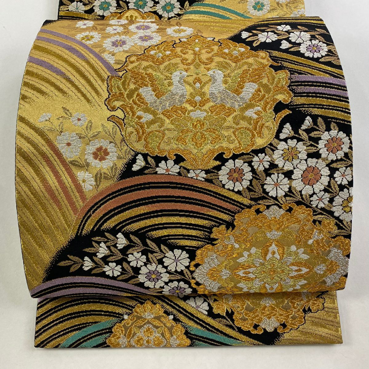 【美品】 袋帶 秀品級 華紋 向鳥 金銀線 金金箔 金色 六通 純蠶絲