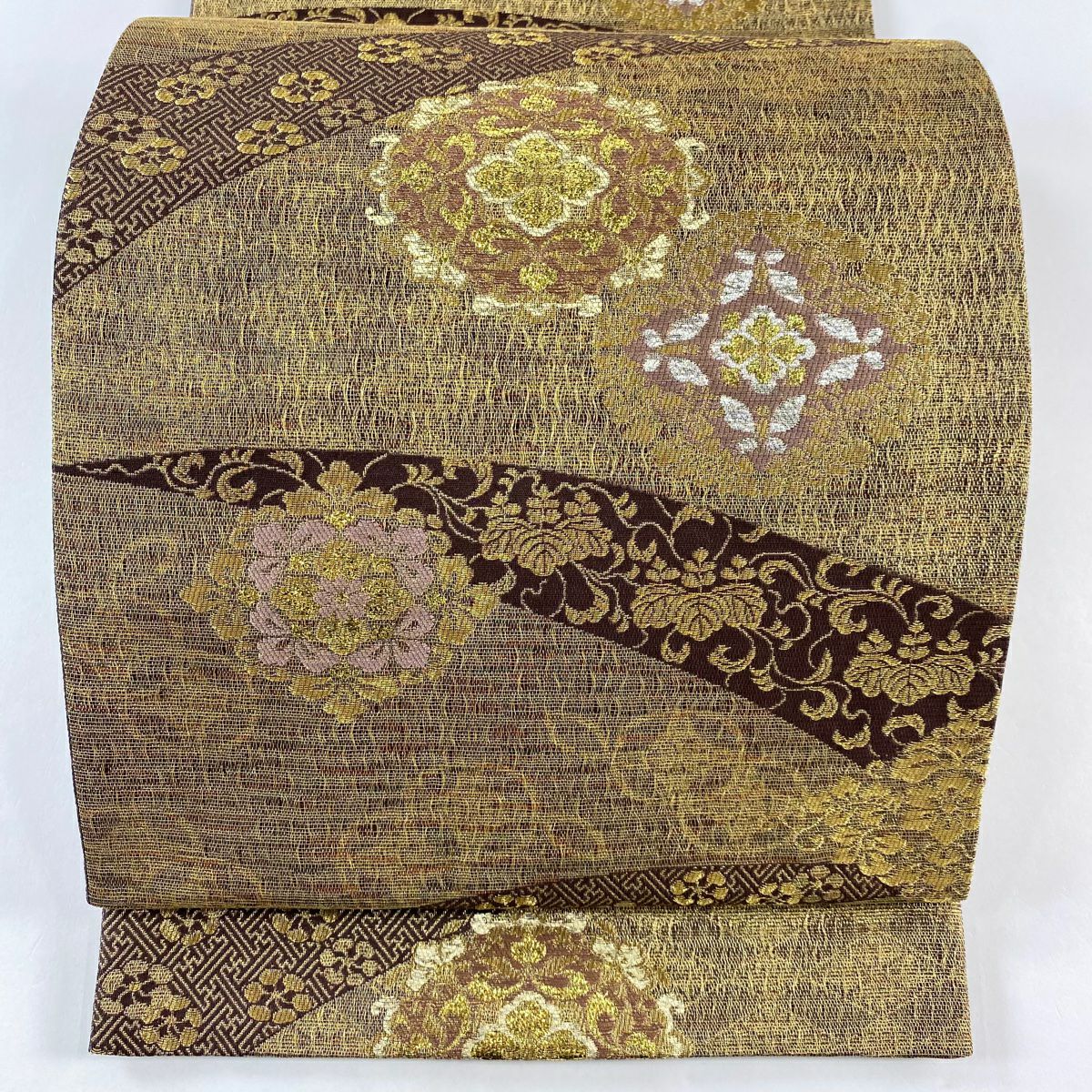 【美品】 袋帶 秀品級 華紋 花唐草紋 金絲 金金箔 紫 六通 純蠶絲