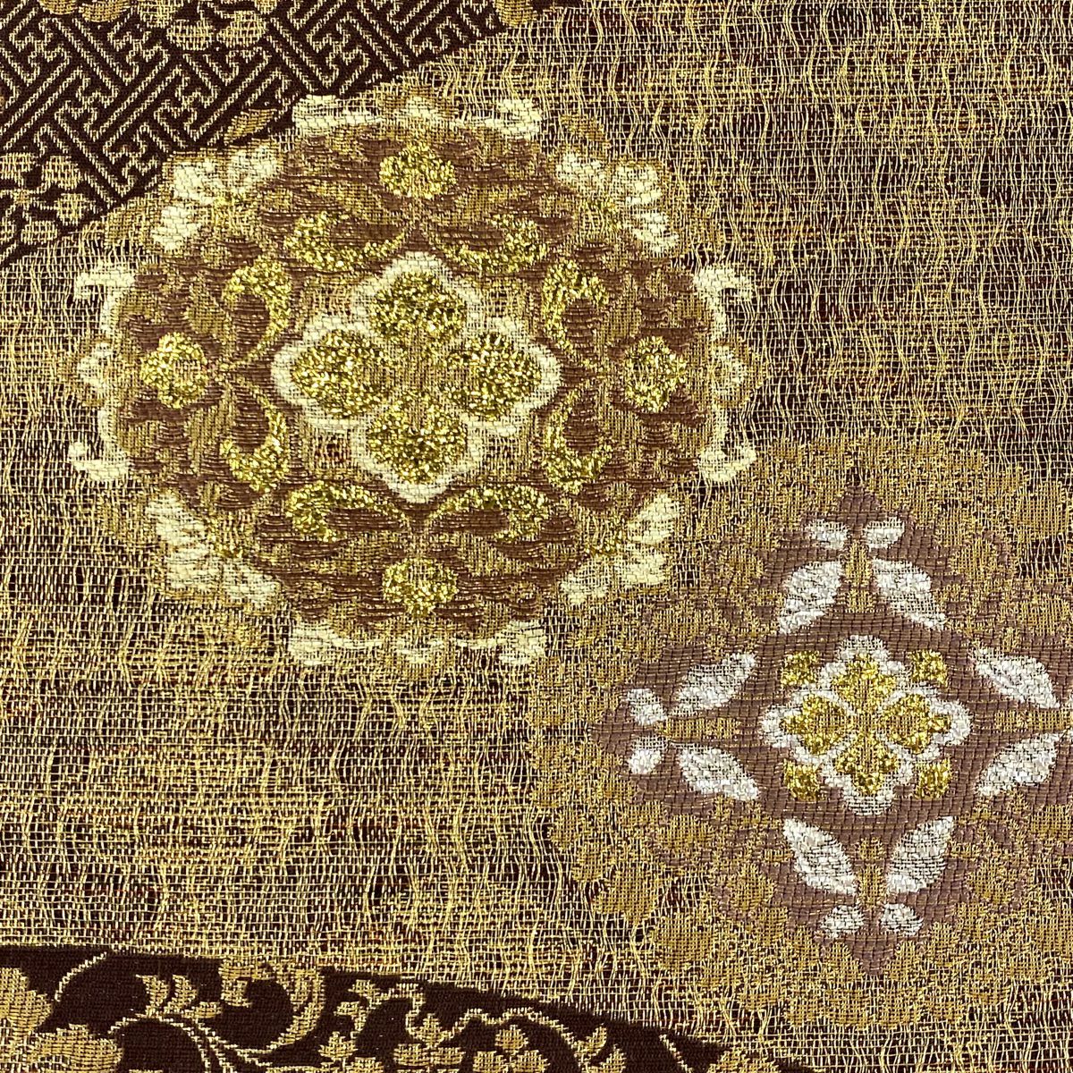 【美品】 袋帶 秀品級 華紋 花唐草紋 金絲 金金箔 紫 六通 純蠶絲