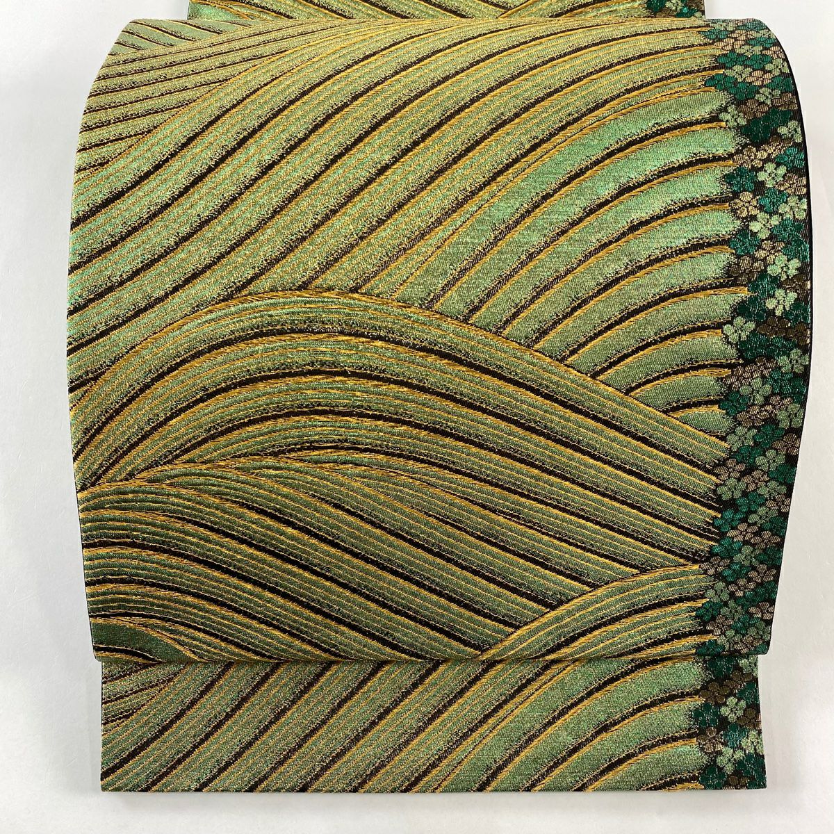 【美品】 袋帶 秀品級 波花 金糸 金金箔 綠 六通 純蠶絲