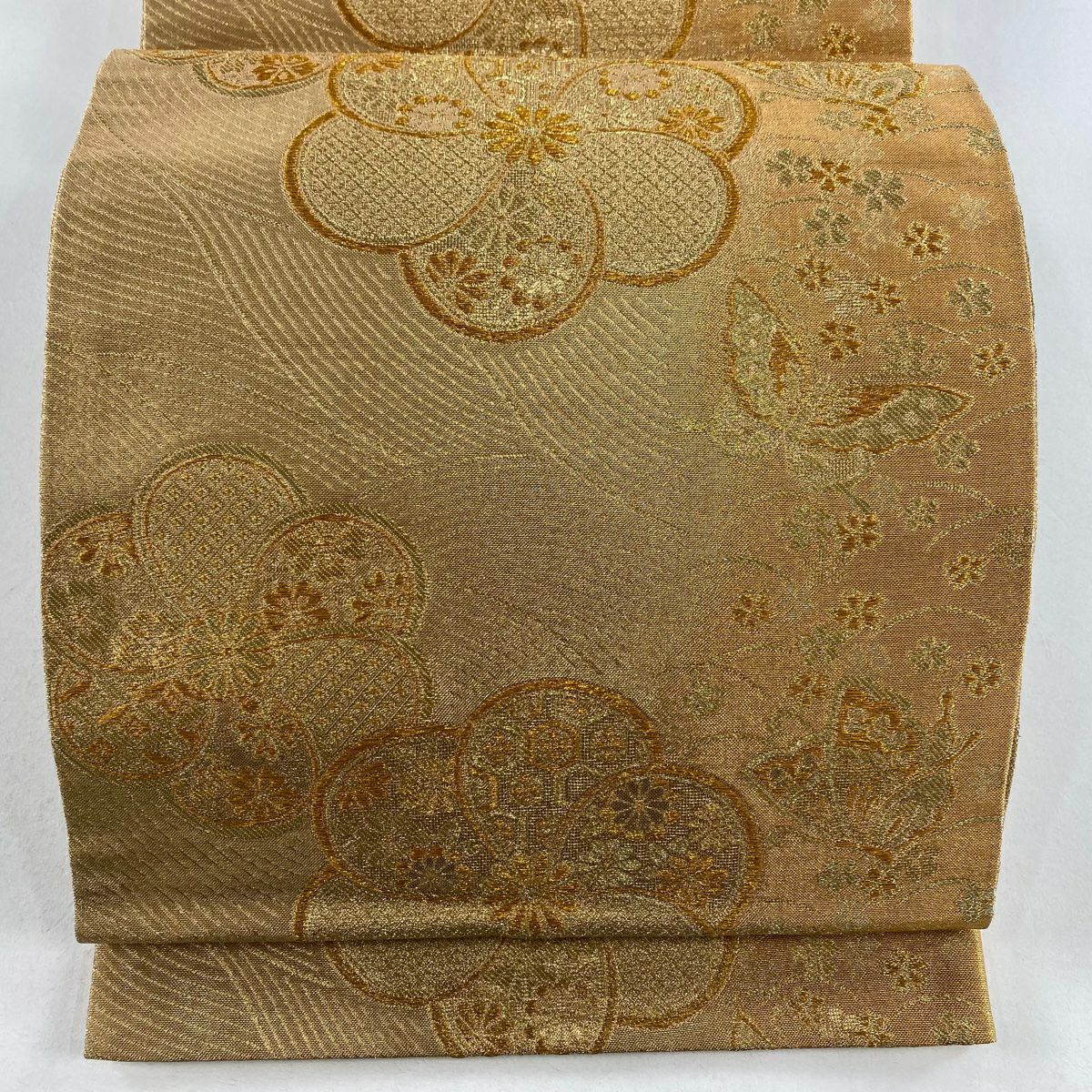【美品】 袋帶 秀品級 花 蝶 金絲 金金箔 金 六通 純蠶絲