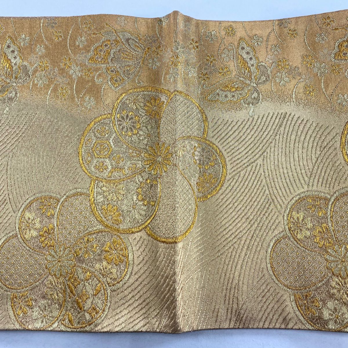【美品】 袋帶 秀品級 花 蝶 金絲 金金箔 金 六通 純蠶絲