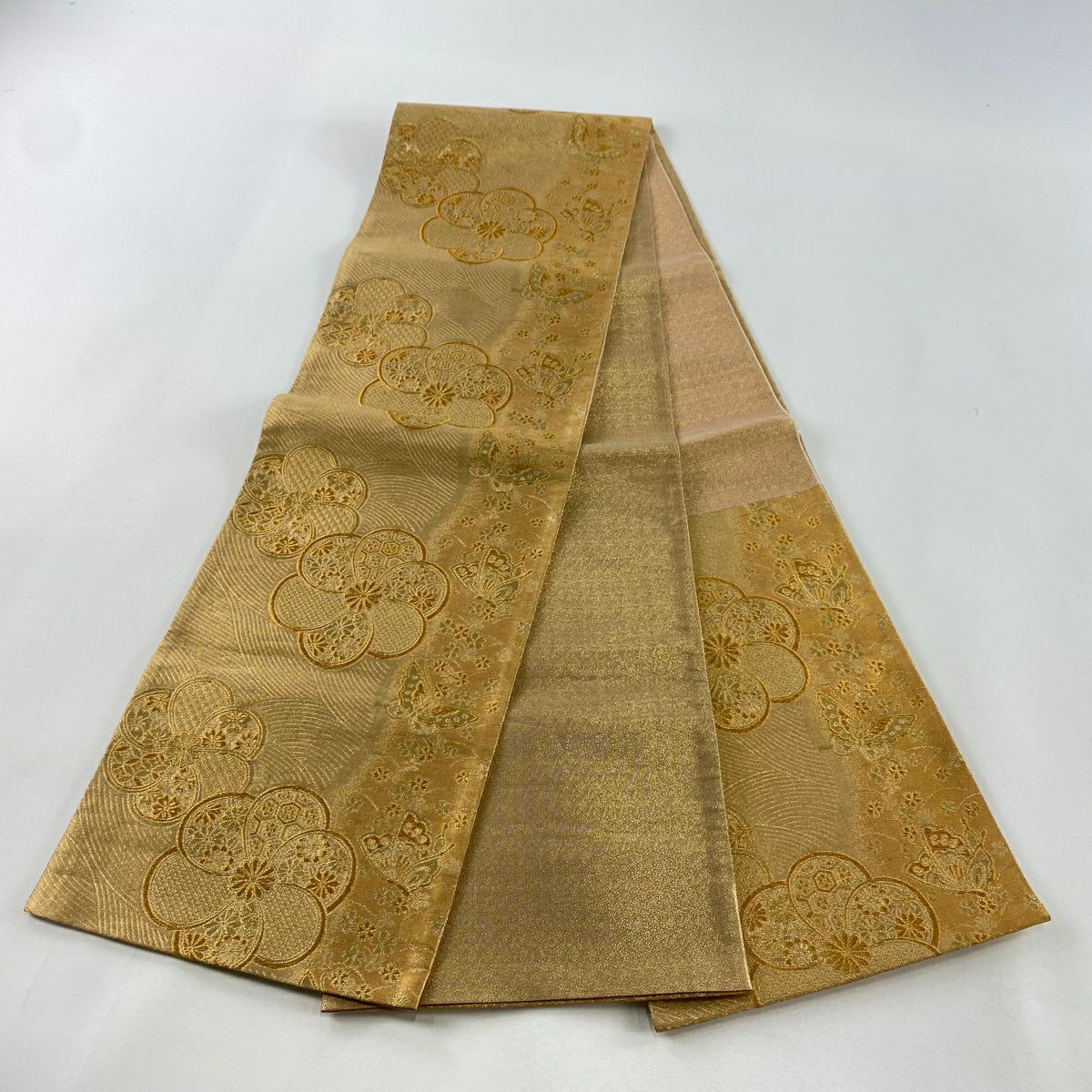 【美品】 袋帶 秀品級 花 蝶 金絲 金金箔 金 六通 純蠶絲