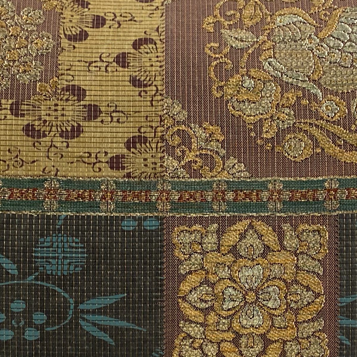 袋帶 秀品級 鳥 華紋 金絲 金金箔 小豆 深紅 六通 純蠶絲