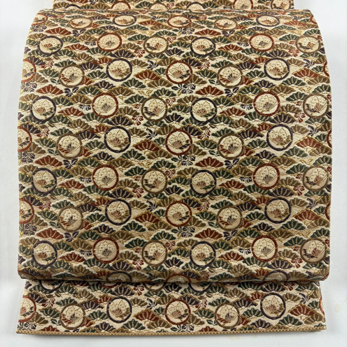 【美品】 袋帶 秀品級 關西仕立 雛蝶 笠松樹 金絲 金金箔 米色 六通 純蠶絲