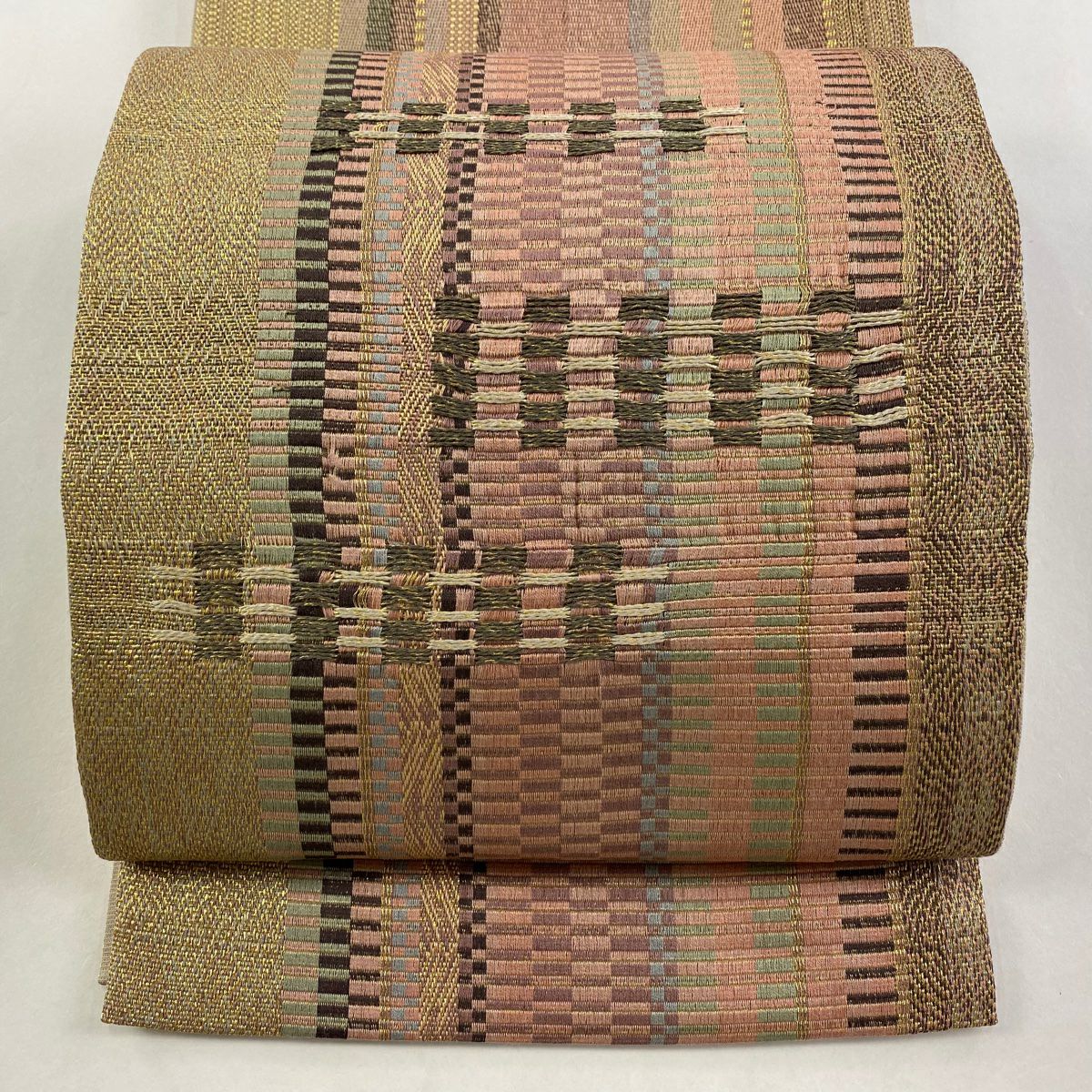 【美品】 袋帶 秀品級 縞 幾何學 金絲 粉紅 お太鼓圖案 純蠶絲