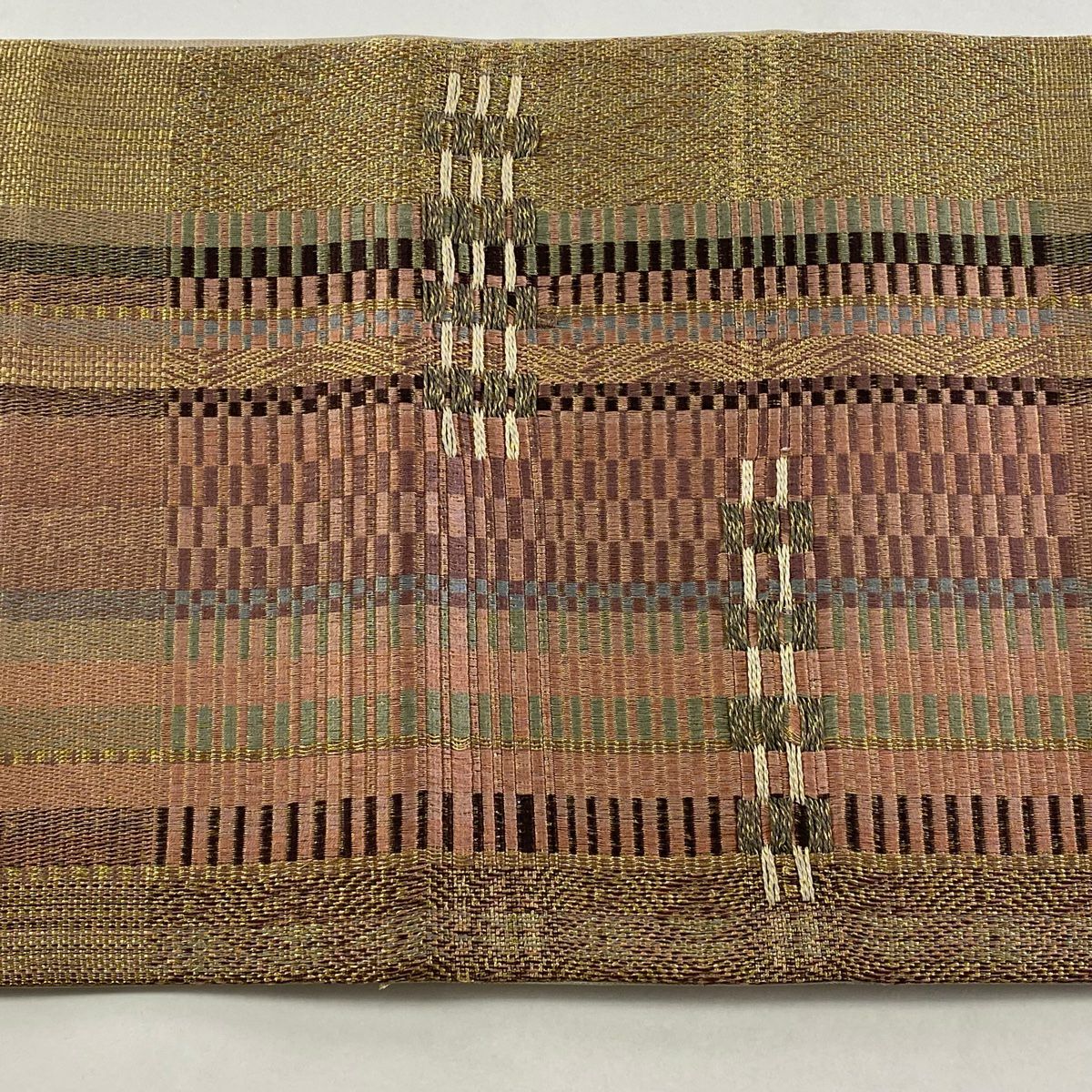 【美品】 袋帶 秀品級 縞 幾何學 金絲 粉紅 お太鼓圖案 純蠶絲