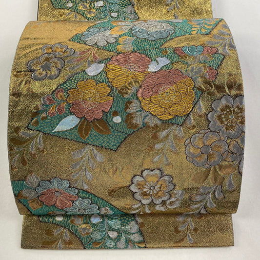 袋帶 秀品級 辻花染浪漫 扇子面 金銀絲 金金箔 金色 六通 純蠶絲