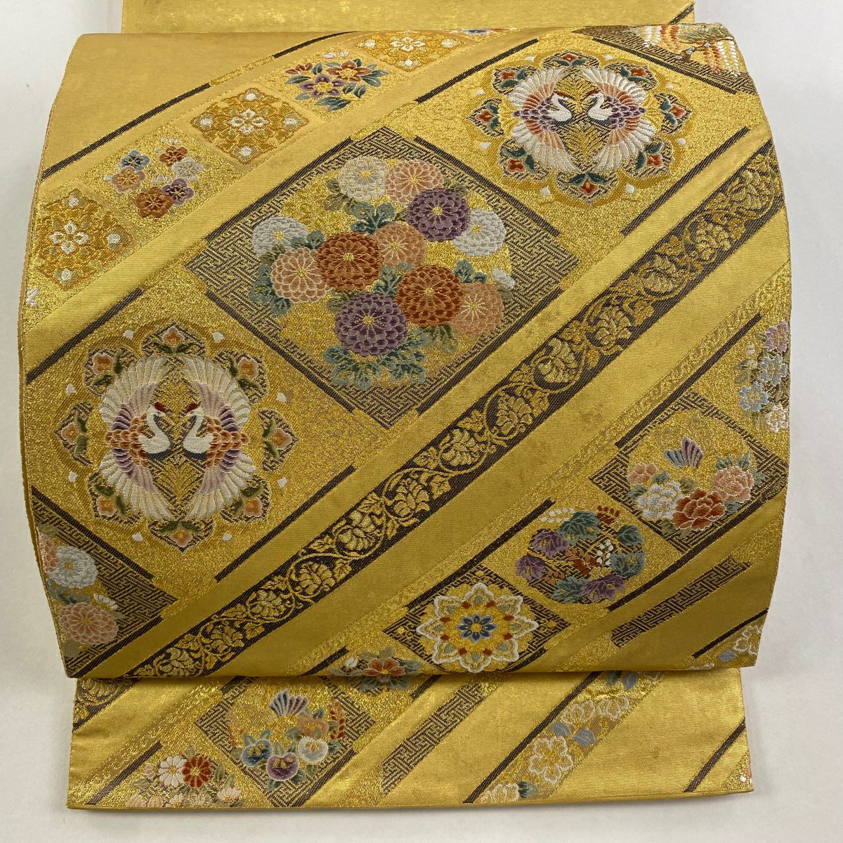 【美品】 袋帶 逸品級 關西仕立 花丸紋 華紋 金絲 金金箔 金色 大鼓圖案 純蠶絲