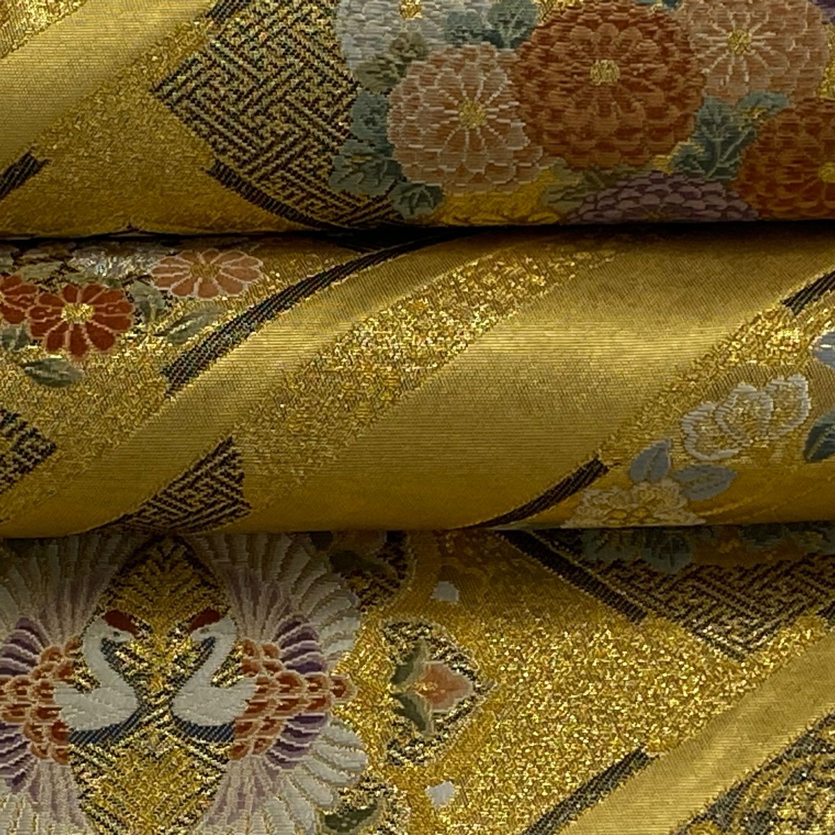 【美品】 袋帶 逸品級 關西仕立 花丸紋 華紋 金絲 金金箔 金色 大鼓圖案 純蠶絲