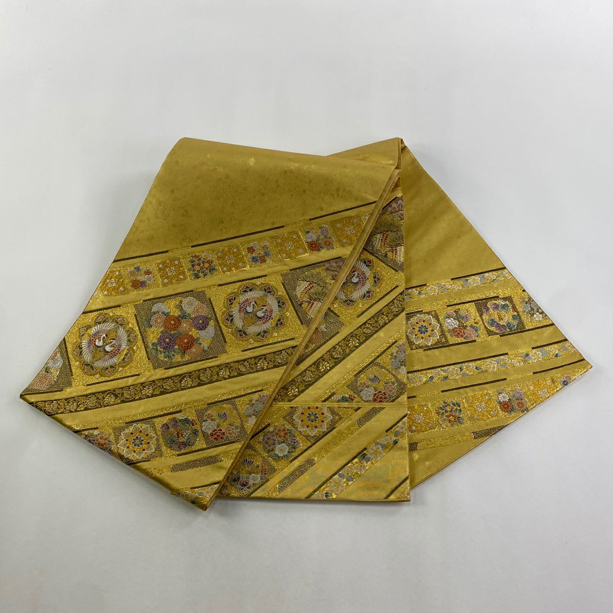 【美品】 袋帶 逸品級 關西仕立 花丸紋 華紋 金絲 金金箔 金色 大鼓圖案 純蠶絲
