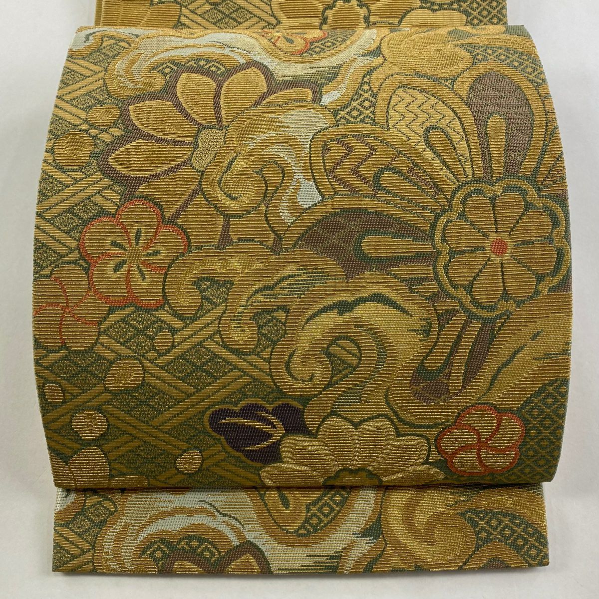 【庫存清倉】 【美品】 袋帶 名品級 草花紋紋 波頭 金金箔 灰綠 六通 純蠶絲