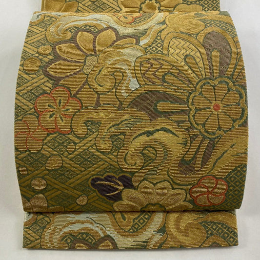 【庫存清倉】 【美品】 袋帶 名品級 草花紋紋 波頭 金金箔 灰綠 六通 純蠶絲