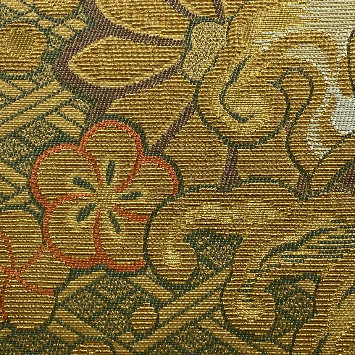 【庫存清倉】 【美品】 袋帶 名品級 草花紋紋 波頭 金金箔 灰綠 六通 純蠶絲