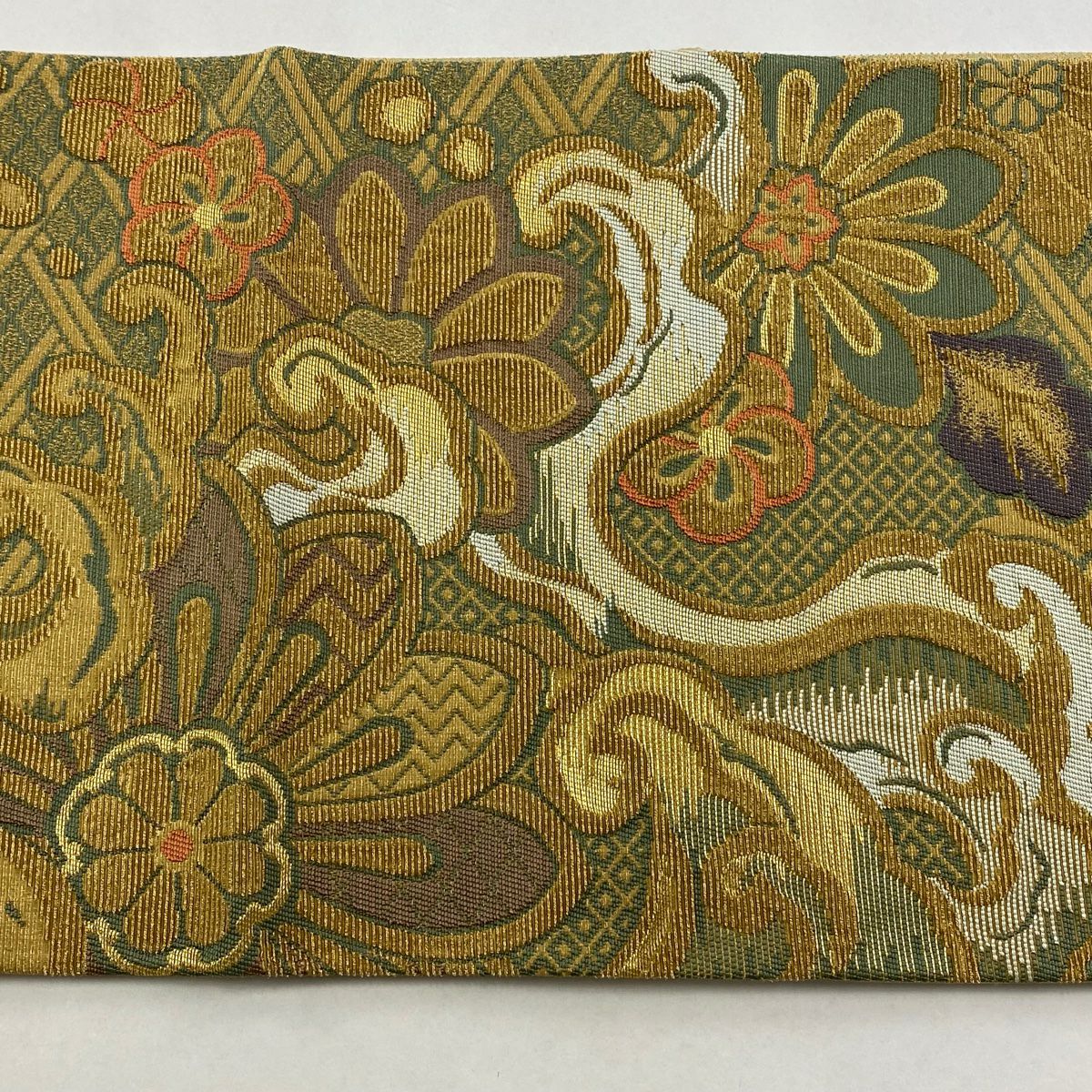【庫存清倉】 【美品】 袋帶 名品級 草花紋紋 波頭 金金箔 灰綠 六通 純蠶絲