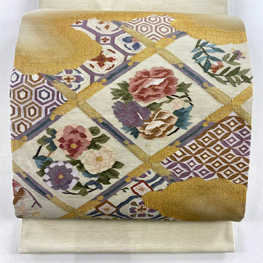 【庫存清倉】 袋帶 名品級 花丸紋 龜甲 金絲 米色 大鼓圖案 純蠶絲