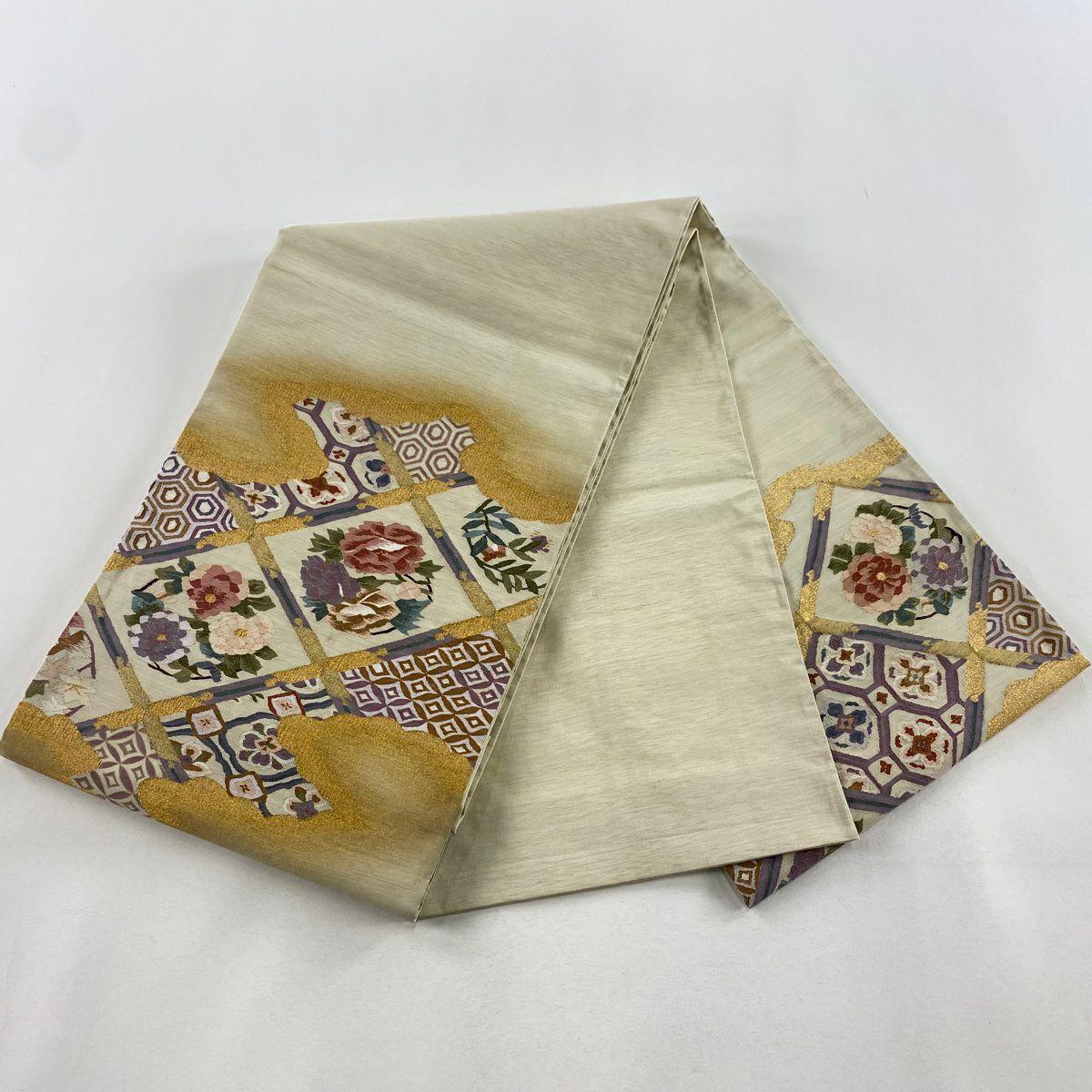 【庫存清倉】 袋帶 名品級 花丸紋 龜甲 金絲 米色 大鼓圖案 純蠶絲
