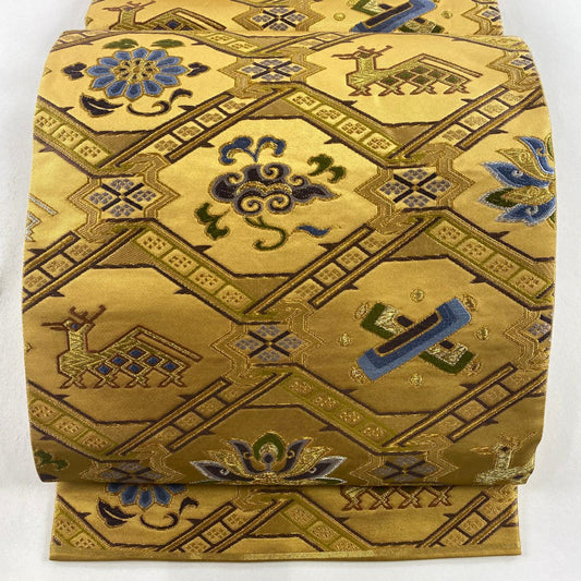 【庫存清倉】 【美品】 袋帶 名品級 附落款 本家加納 有栖川 華紋 唐織 金銀絲 金色 六通 純蠶絲
