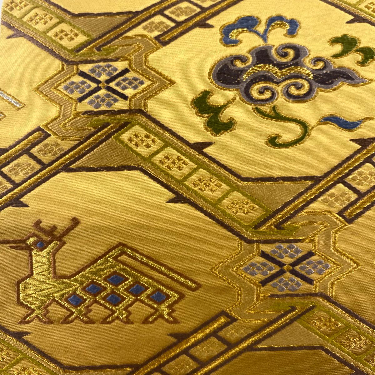 【庫存清倉】 【美品】 袋帶 名品級 附落款 本家加納 有栖川 華紋 唐織 金銀絲 金色 六通 純蠶絲