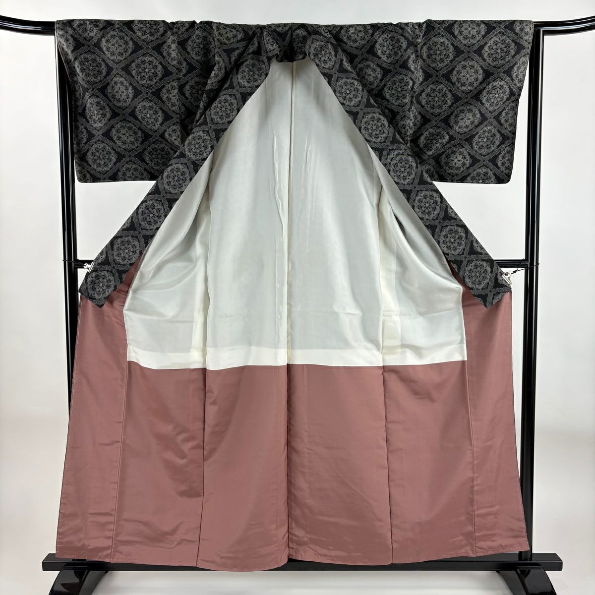 紬織 身長159cm 袖長65.5cm M 雙層 華紋 菱 黑 純蠶絲 秀品級