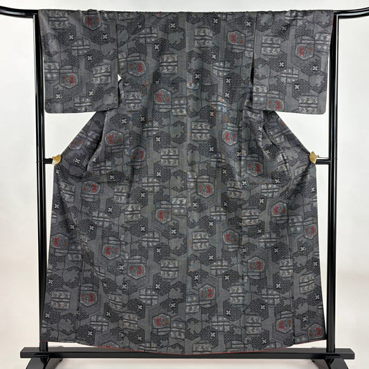 【美品】 紬織 身長157.5cm 袖長65.5cm M 雙層 龜甲 花紋 墨 金彩裝飾 純蠶絲 秀品級