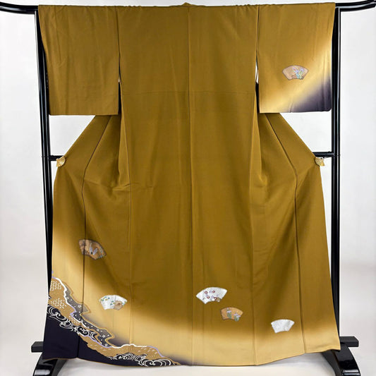 付下 身長164.5cm 袖長64.5cm M 雙層 扇子面 鷺 金銀彩 漸層 山吹茶 純蠶絲 優品級