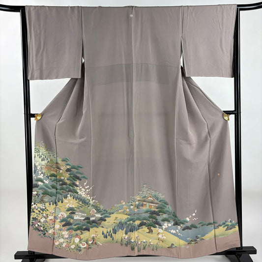 色留袖禮服 身長157cm 袖長65cm M 雙層 落款あり 建物 松樹竹子梅花 薄小豆 純蠶絲 秀品級 一つ紋