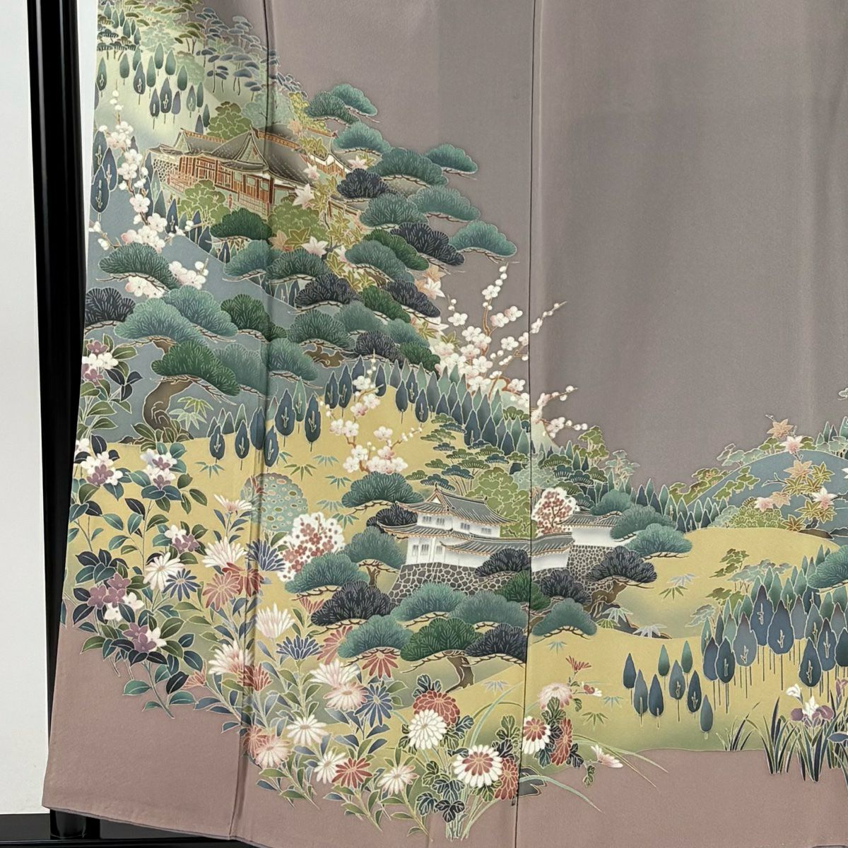色留袖禮服 身長157cm 袖長65cm M 雙層 落款あり 建物 松樹竹子梅花 薄小豆 純蠶絲 秀品級 一つ紋