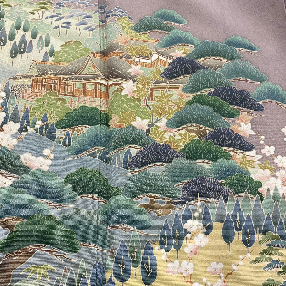 色留袖禮服 身長157cm 袖長65cm M 雙層 落款あり 建物 松樹竹子梅花 薄小豆 純蠶絲 秀品級 一つ紋